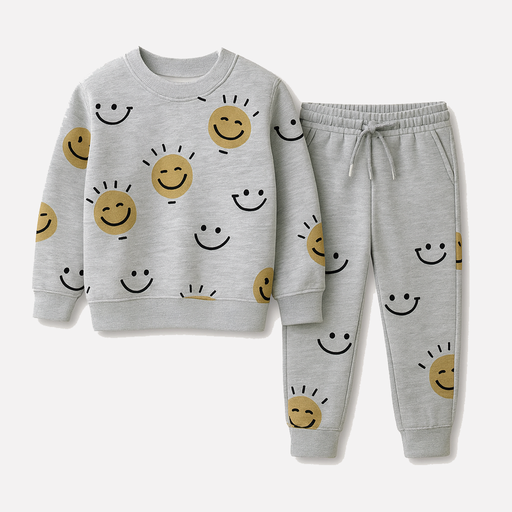 Light Grey Smile Print Terry Fabric Suit For Winters