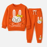 Dark Peach Rabbit Smile Print Terry Fabric Suit For Winters