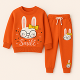 DARK PEACH RABBIT SMILE PRINT TERRRY FABRIC SUIT FOR WINTERS
