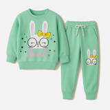 Sea Green Rabbit Smile Print Terry Fabric Suit For Winters
