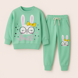 SEA GREEN RABBIT SMILE PRINT TERRRY FABRIC SUIT FOR WINTERS
