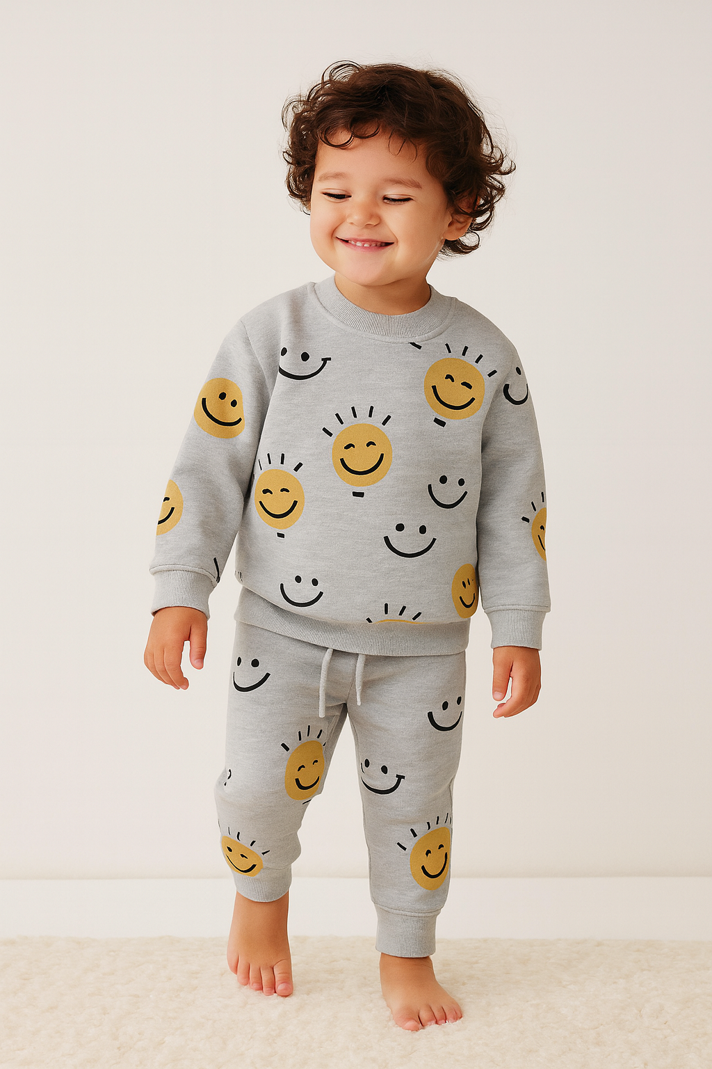 Light Grey Smile Print Terry Fabric Suit For Winters