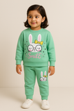 SEA GREEN RABBIT SMILE PRINT TERRRY FABRIC SUIT FOR WINTERS