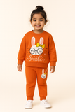 DARK PEACH RABBIT SMILE PRINT TERRRY FABRIC SUIT FOR WINTERS