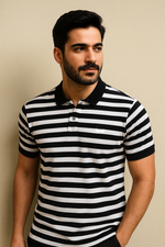 Load image into Gallery viewer, CREAM WITH NAVY BLIUE STRIPES STRIPES POLO FOR MEN
