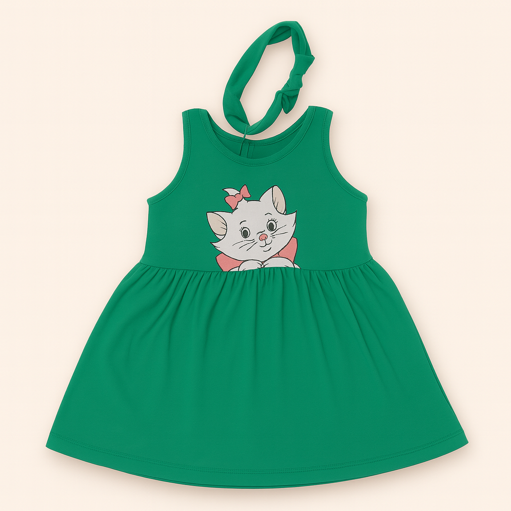 GREEN WITH HAIR BAND KITTEN PRINT FROCK FOR GIRLS