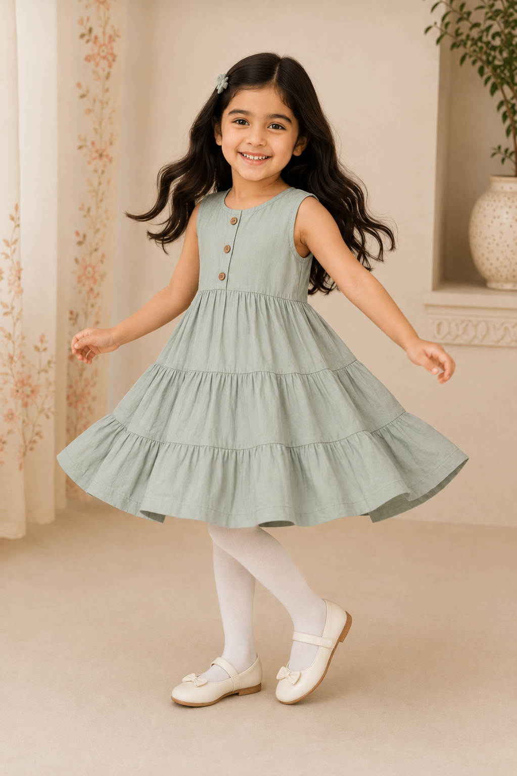 sage grey Plain Frock For Girl