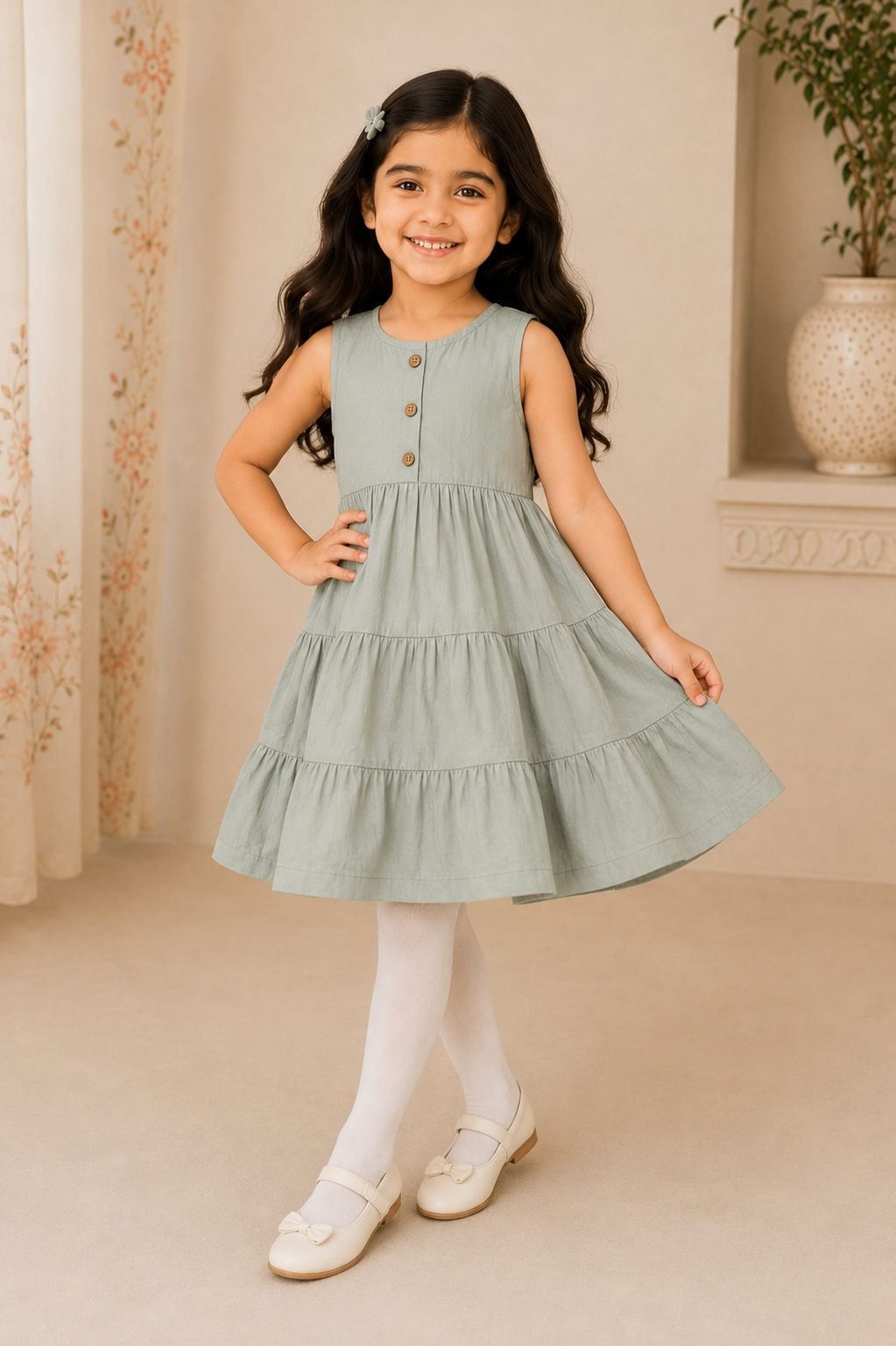 sage grey Plain Frock For Girl