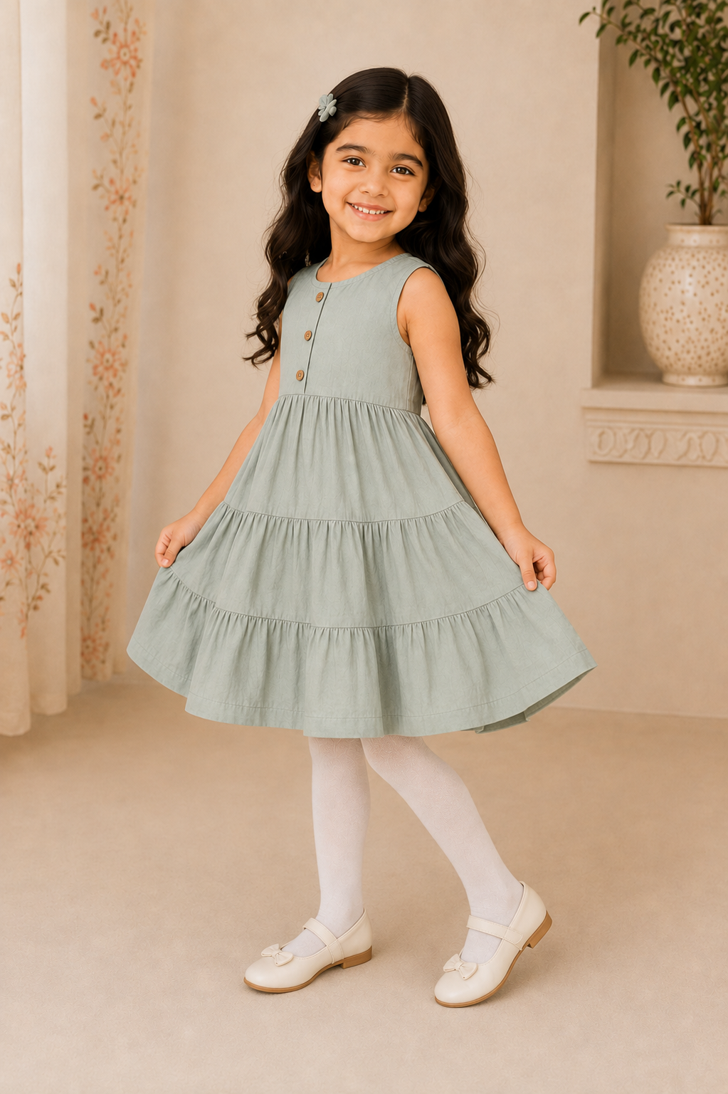 sage grey Plain Frock For Girl