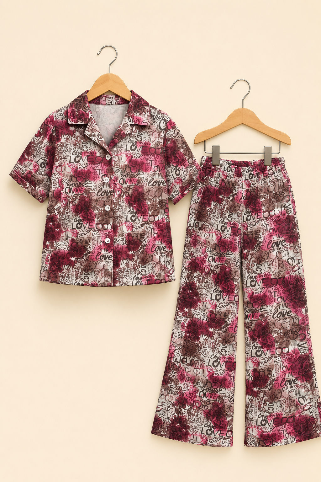 Purple Love Print Co-ord Linen Fabric Suit For Girls
