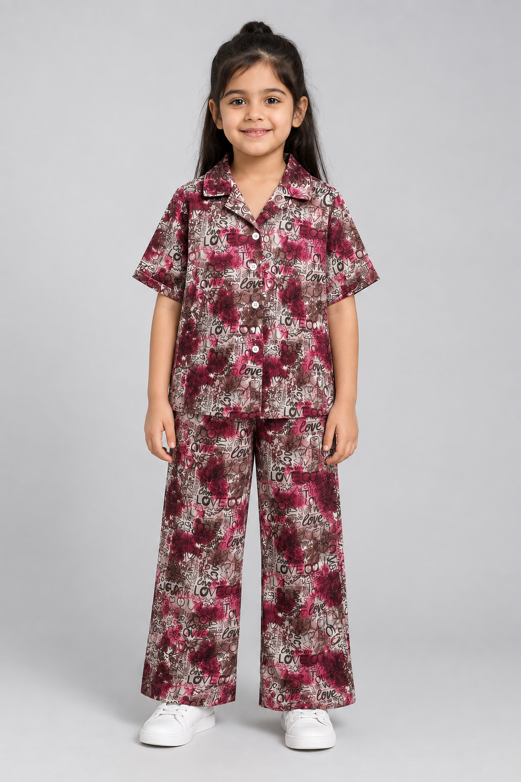 Purple Love Print Co-ord Linen Fabric Suit For Girls