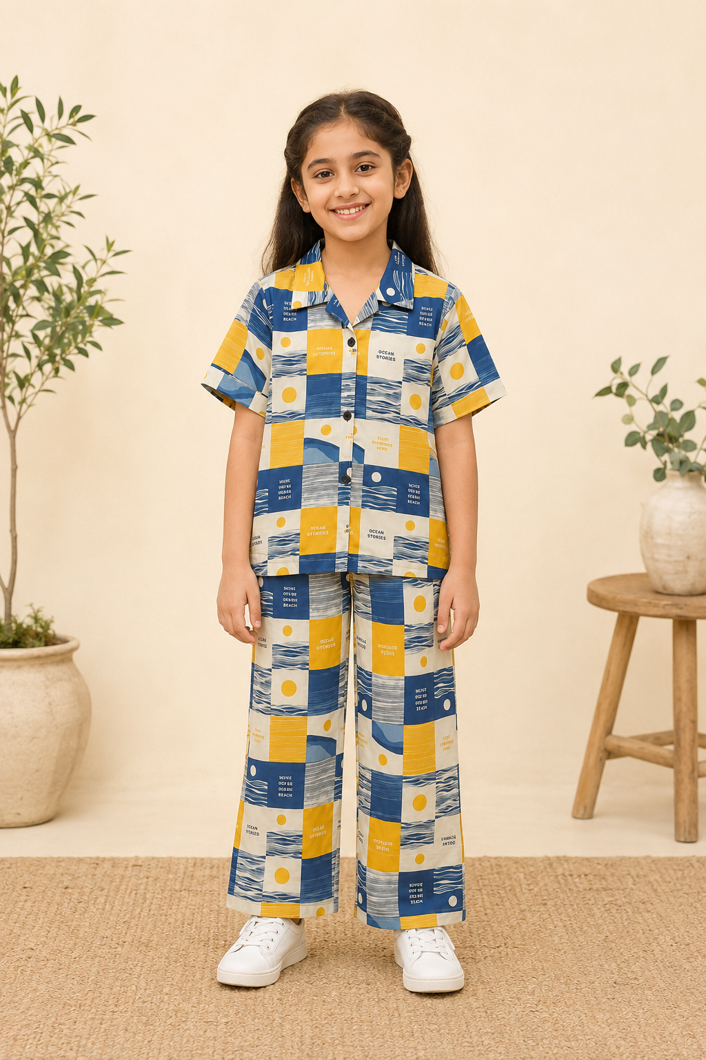 Yellow Hello Sunshine Print Co-ord Linen Fabric Suit For Girls