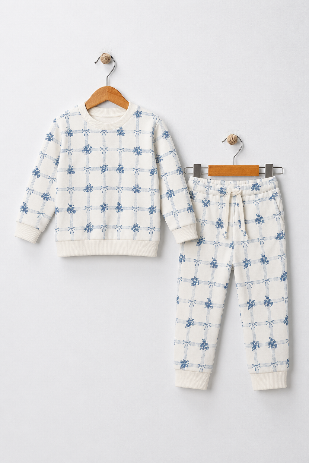 White Bow & Flowers Jersy Fabric Suit For Winters