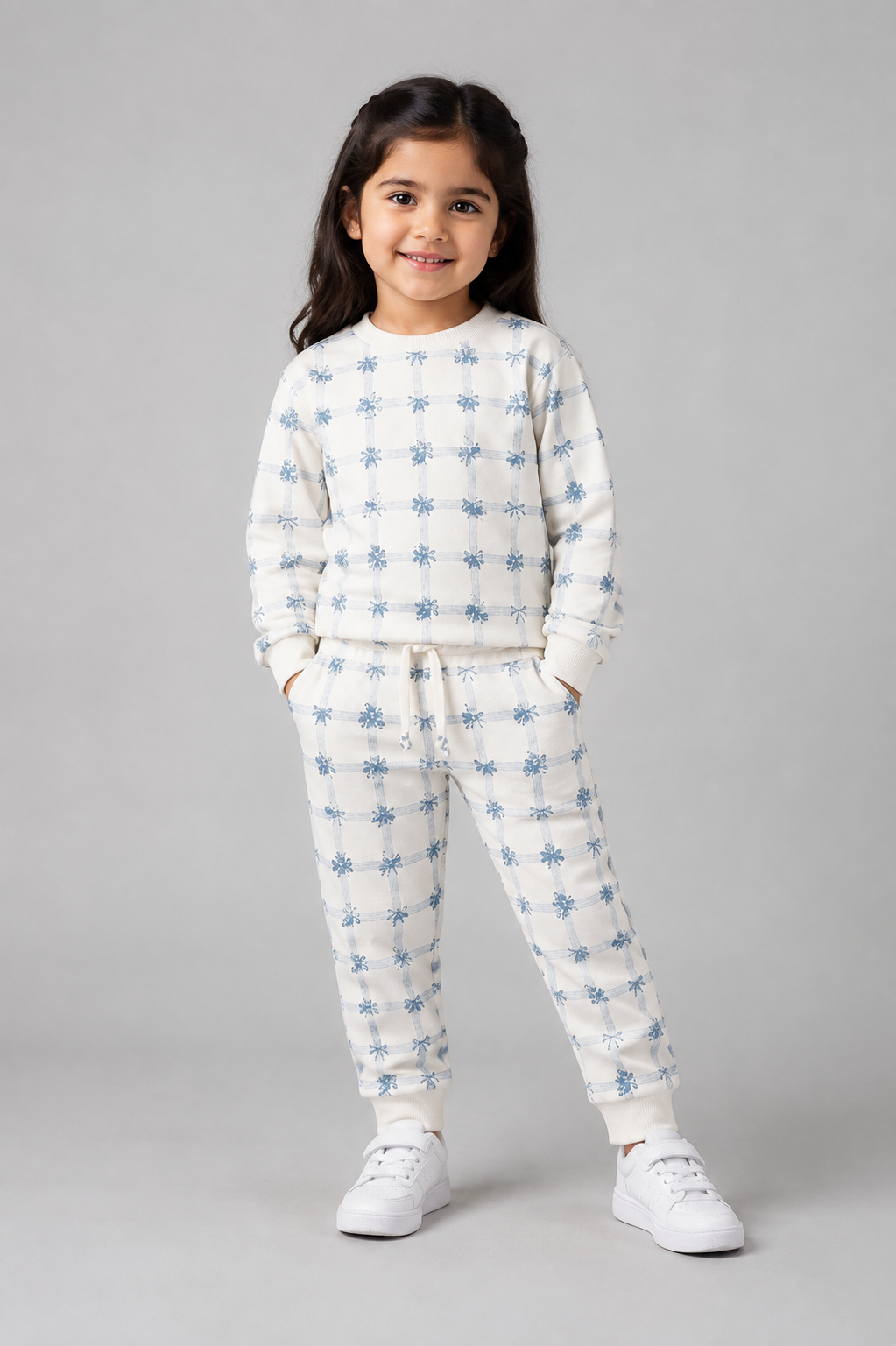 White Bow & Flowers Jersy Fabric Suit For Winters