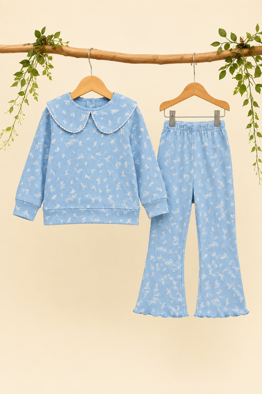 Blue Bow Print Shirt With Trouser Suit For Girls