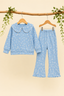 Blue Bow Print Shirt With Trouser Suit For Girls
