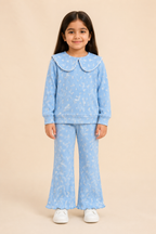 Blue Bow Print Shirt With Trouser Suit For Girls
