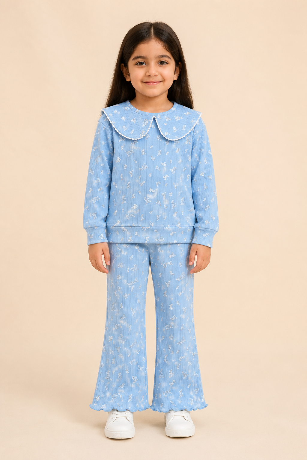 Blue Bow Print Shirt With Trouser Suit For Girls