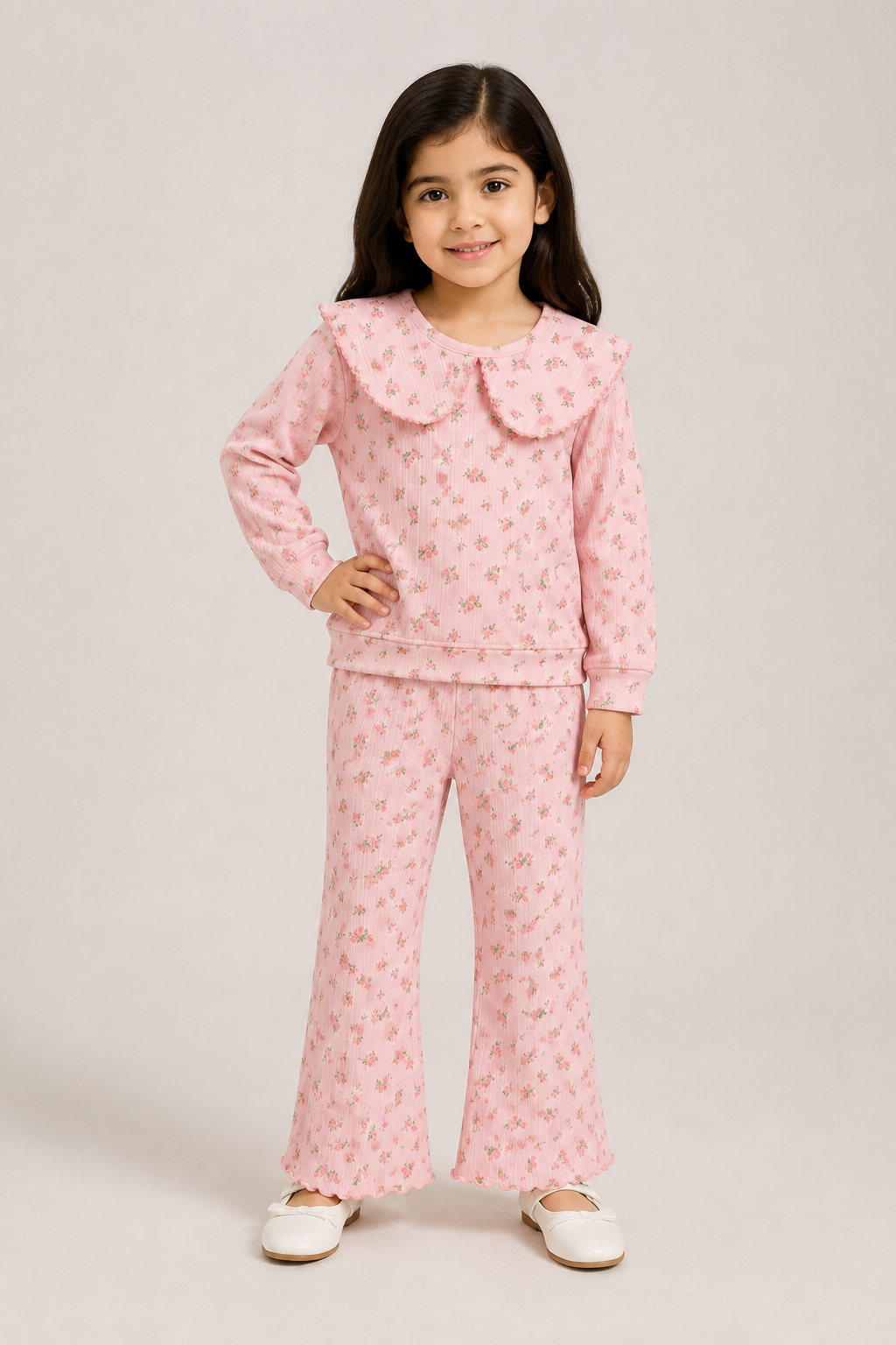 Purple Flowers Print Shirt With Trouser Suit For Girls