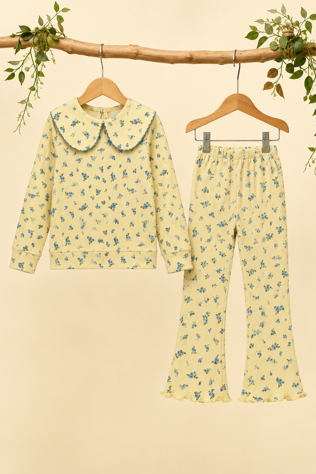 Yellow Flowers Print Shirt With Trouser Suit For Girls