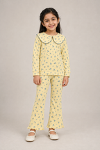 Yellow Flowers Print Shirt With Trouser Suit For Girls