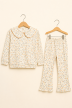 Cream Flower Print Shirt With Trouser Suit For Girls
