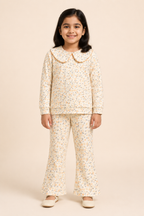 Cream Flower Print Shirt With Trouser Suit For Girls
