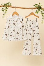 White Hearts Print Co-ord Linen Fabric Suit For Girls
