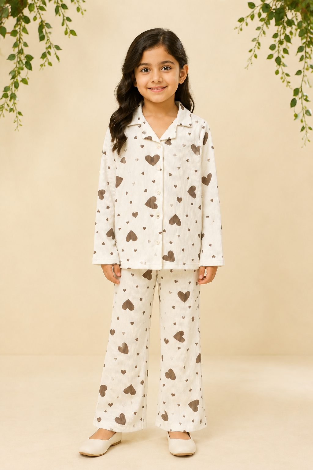 White Hearts Print Co-ord Linen Fabric Suit For Girls