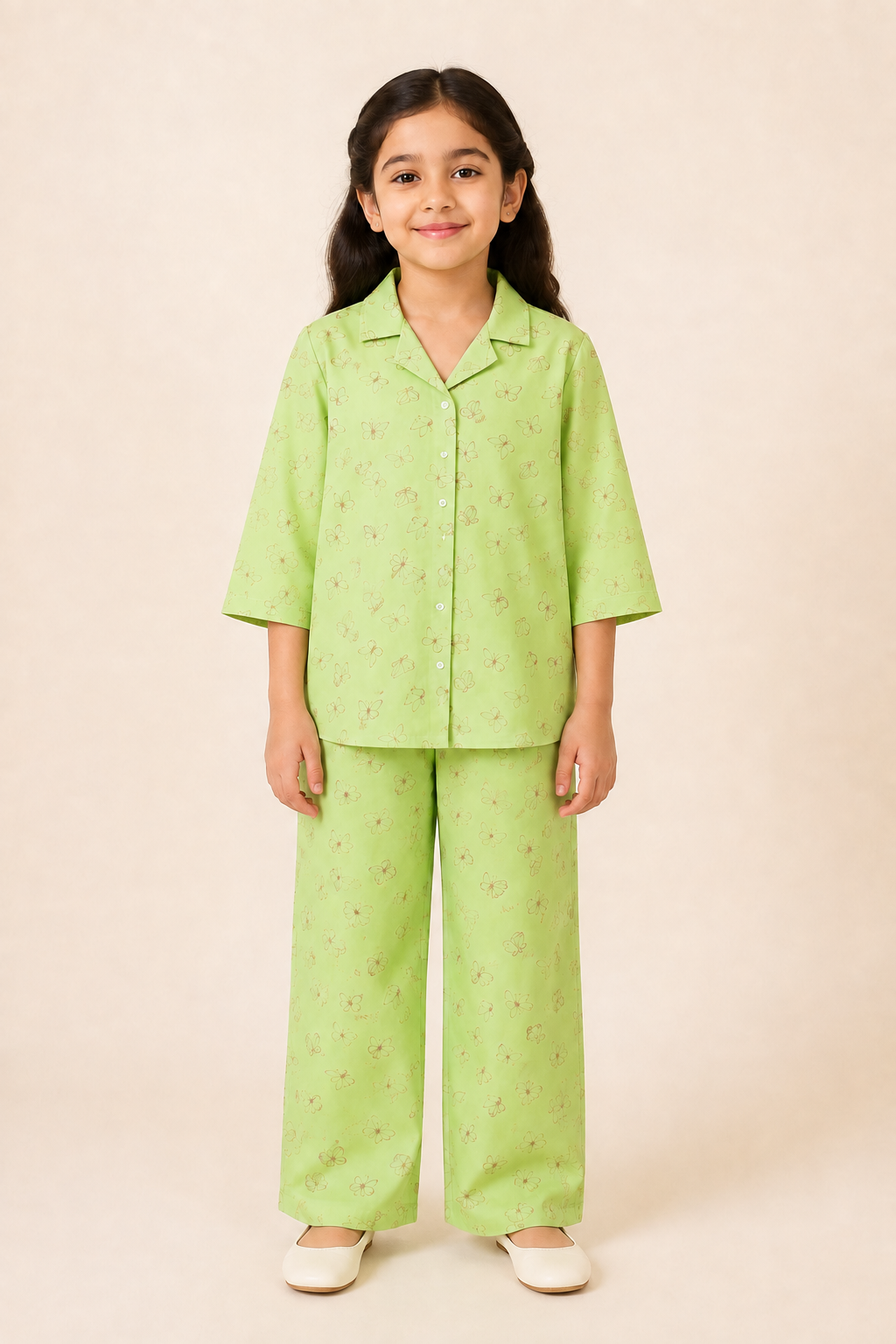 Green Butterfly Print Co-ord Linen Fabric Suit For Girls Main image
