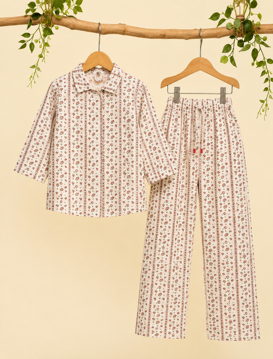Cream Flower Print Co-ord Linen Fabric Suit For Girls Main image
