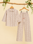 Cream Flower Print Co-ord Linen Fabric Suit For Girls