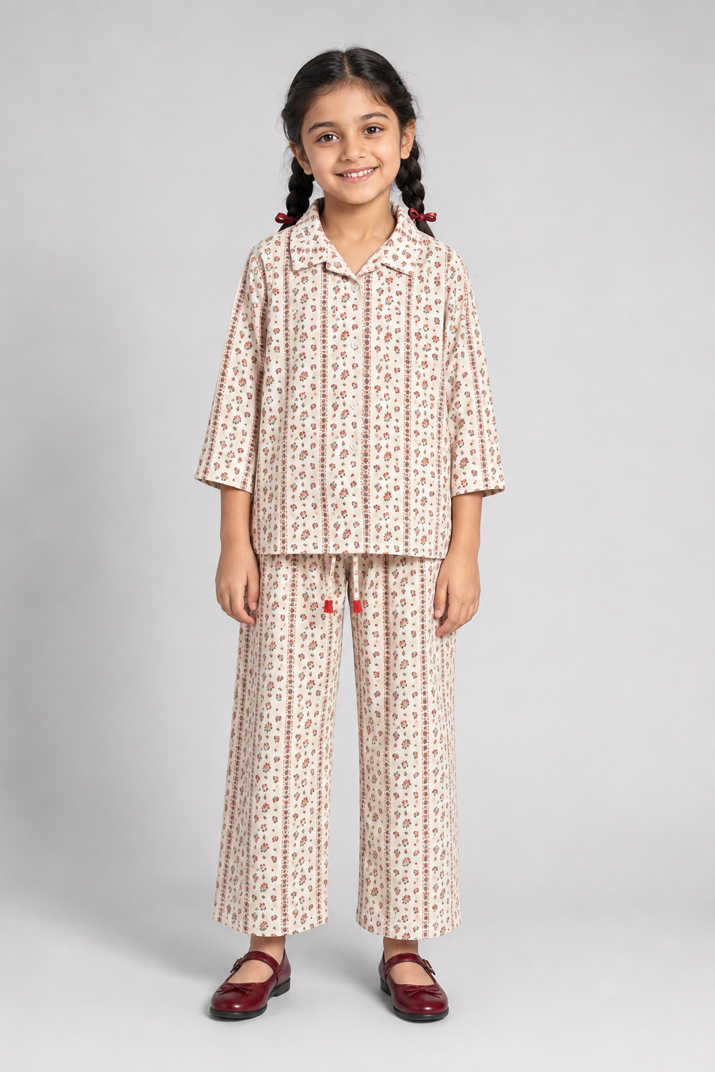 Cream Flower Print Co-ord Linen Fabric Suit For Girls Secondary image