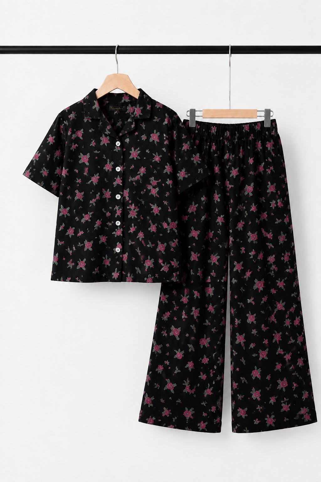 Black Flowers Print Co-ord Ribbed Fabric Suit For Girls Main image
