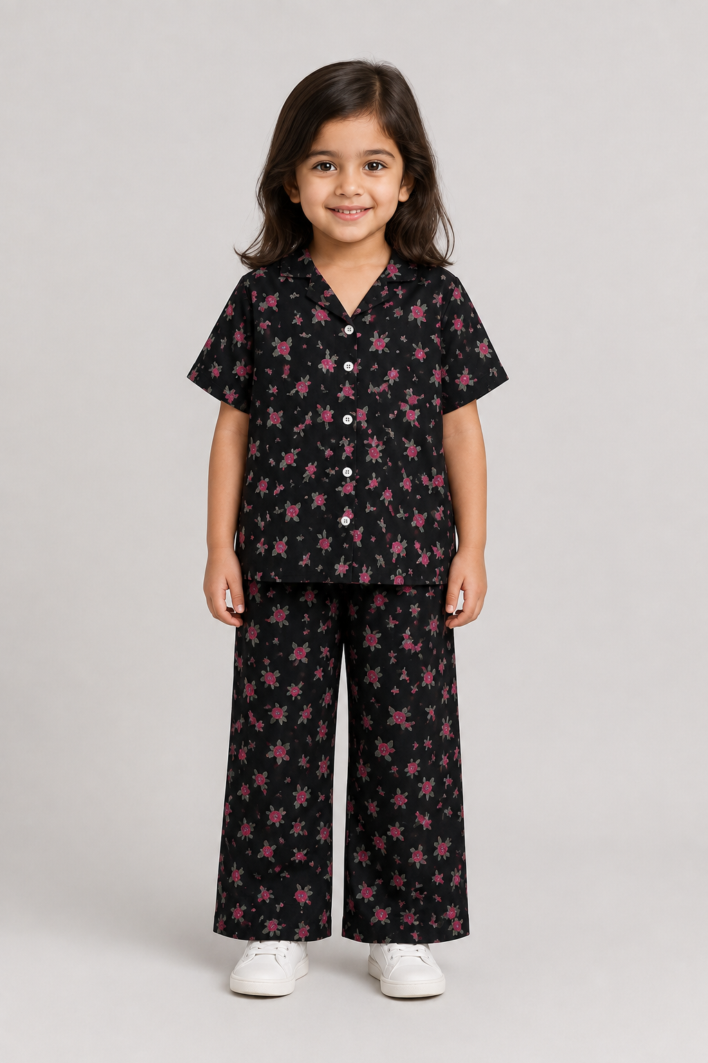 Black Flowers Print Co-ord Ribbed Fabric Suit For Girls Secondary image