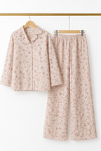 Cream Flowers Print Co-ord Ribbed Fabric Suit For Girls
