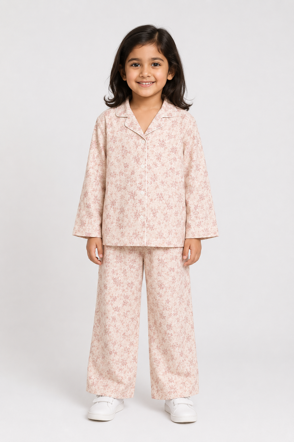 Cream Flowers Print Co-ord Ribbed Fabric Suit For Girls Secondary image