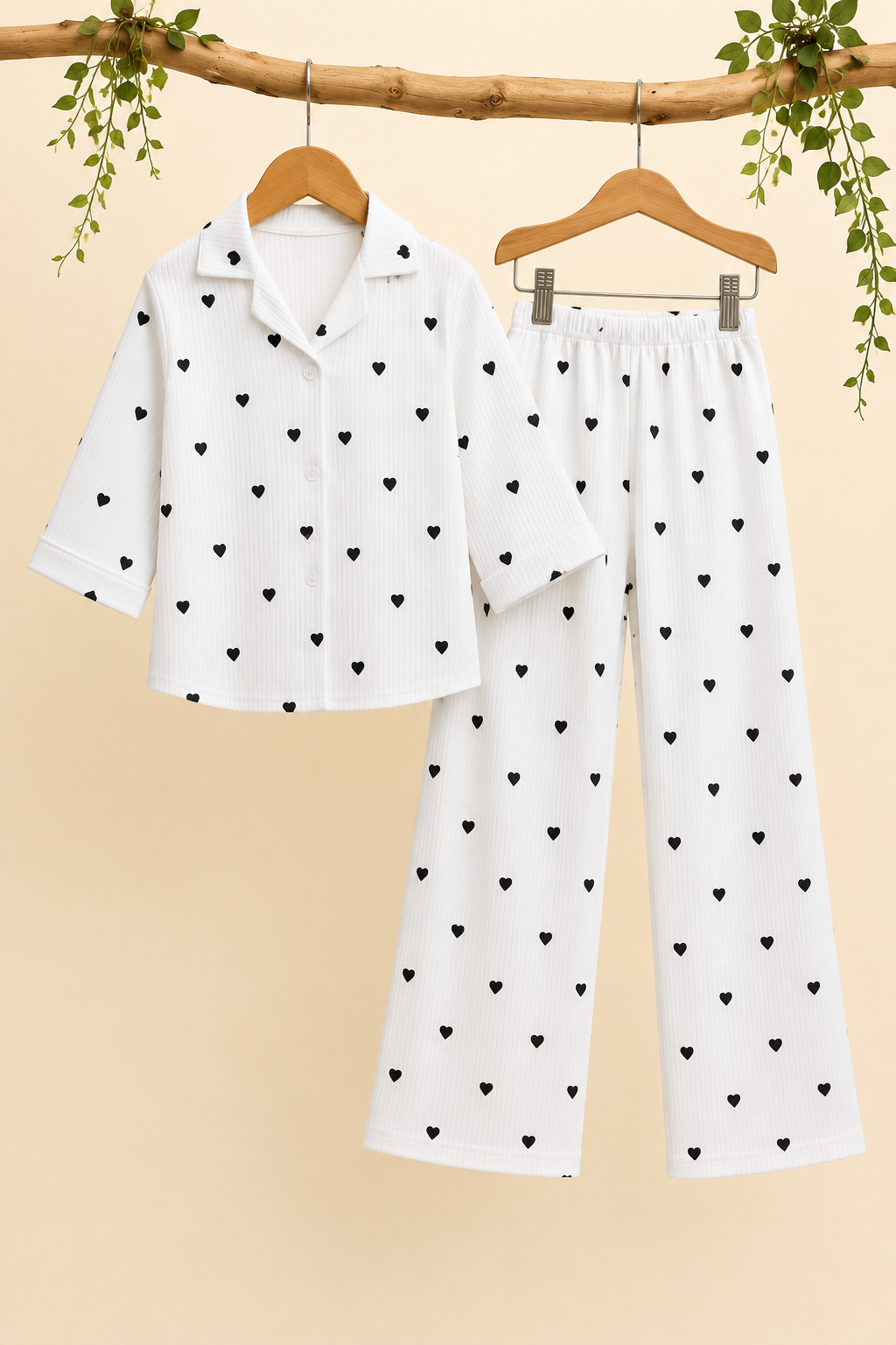 White Hearts Print Co-ord Ribbed Fabric Suit For Girls Main image