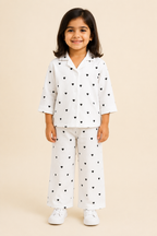 White Hearts Print Co-ord Ribbed Fabric Suit For Girls