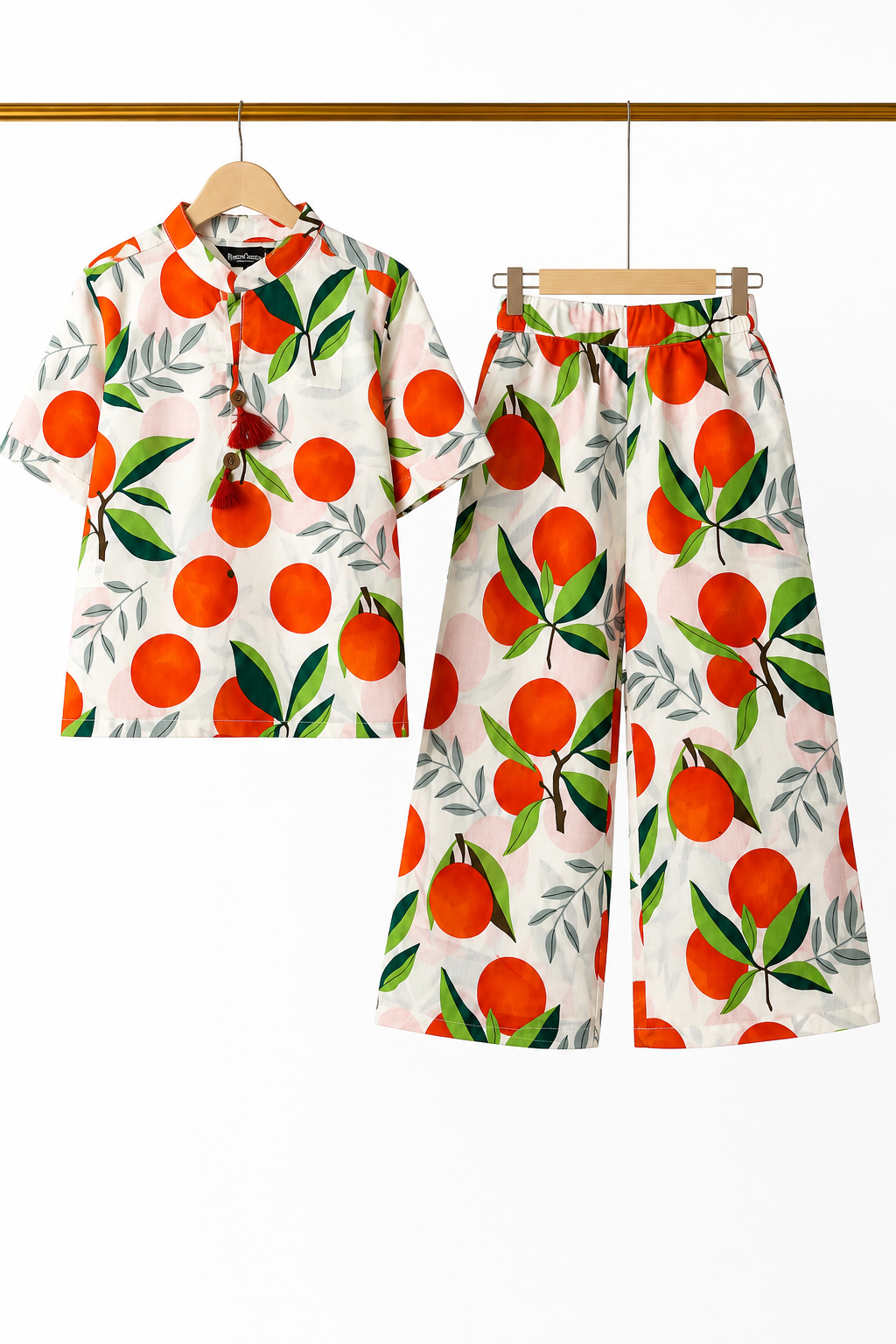 White Orange Leaf Print Co-Ord Linen Fabric Suit Main image