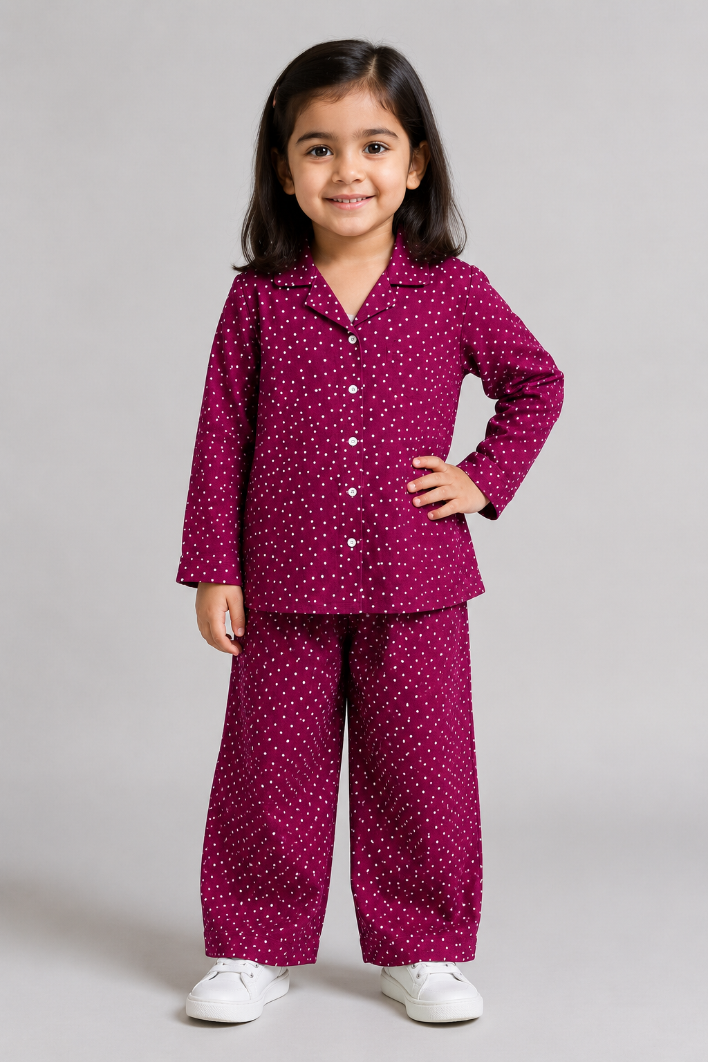 Purple Dots Print Co-ord Ribbed Fabric Suit For Girls Secondary image