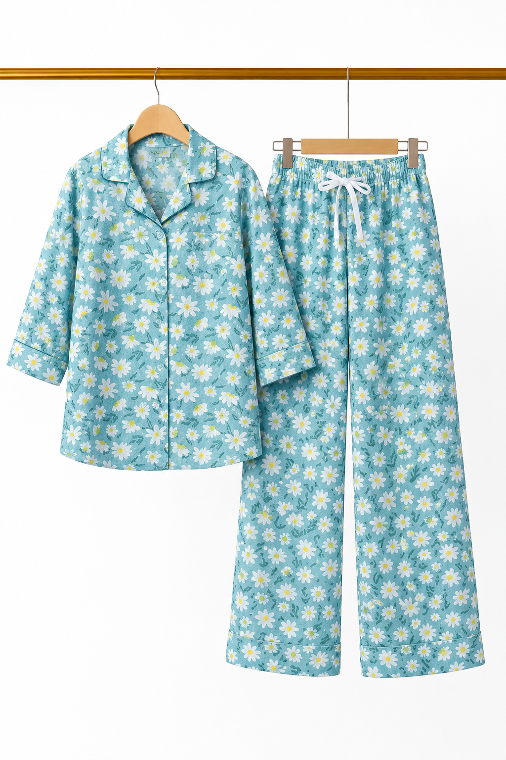 Sky Blue Flowers Print Co-ord Ribbed Fabric Suit For Girls Main image