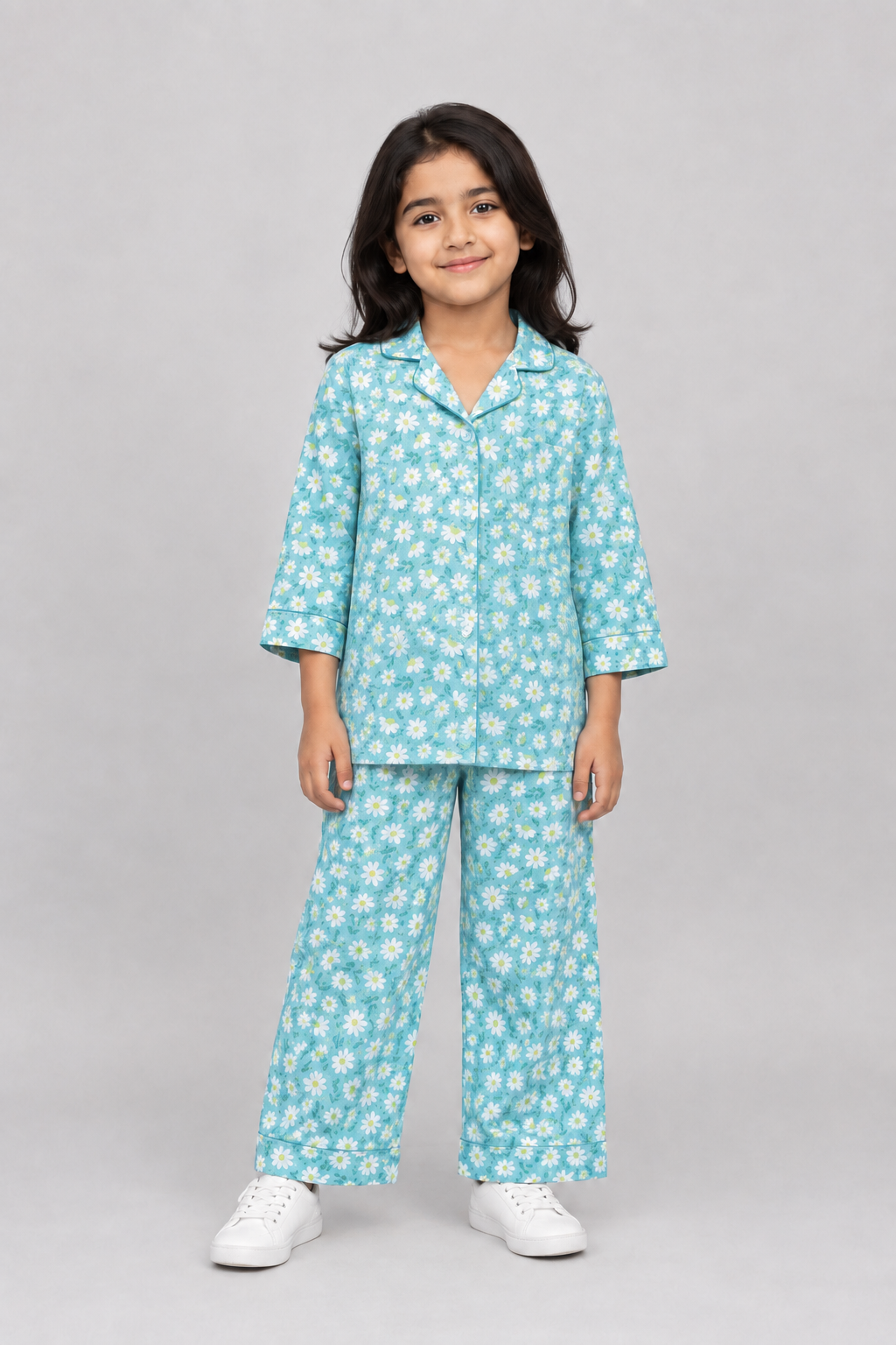 Sky Blue Flowers Print Co-ord Ribbed Fabric Suit For Girls Secondary image
