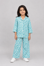 Sky Blue Flowers Print Co-ord Ribbed Fabric Suit For Girls