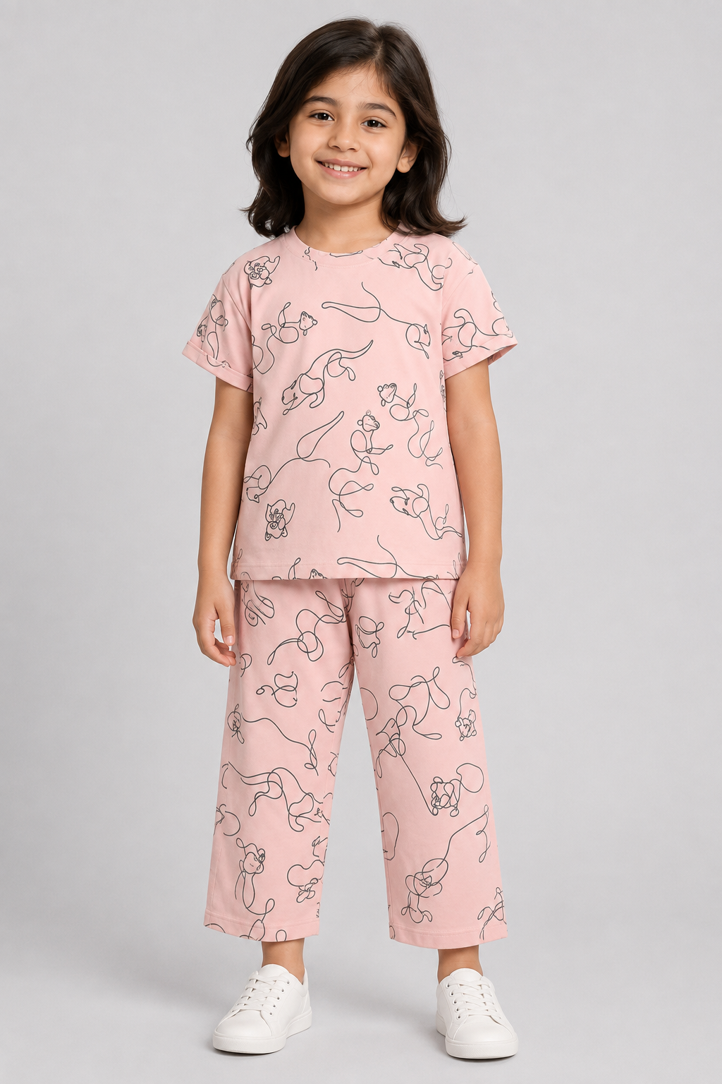 BABY PINK LINE PRINT TROUSER & SHIRT SUIT FOR GIRLS