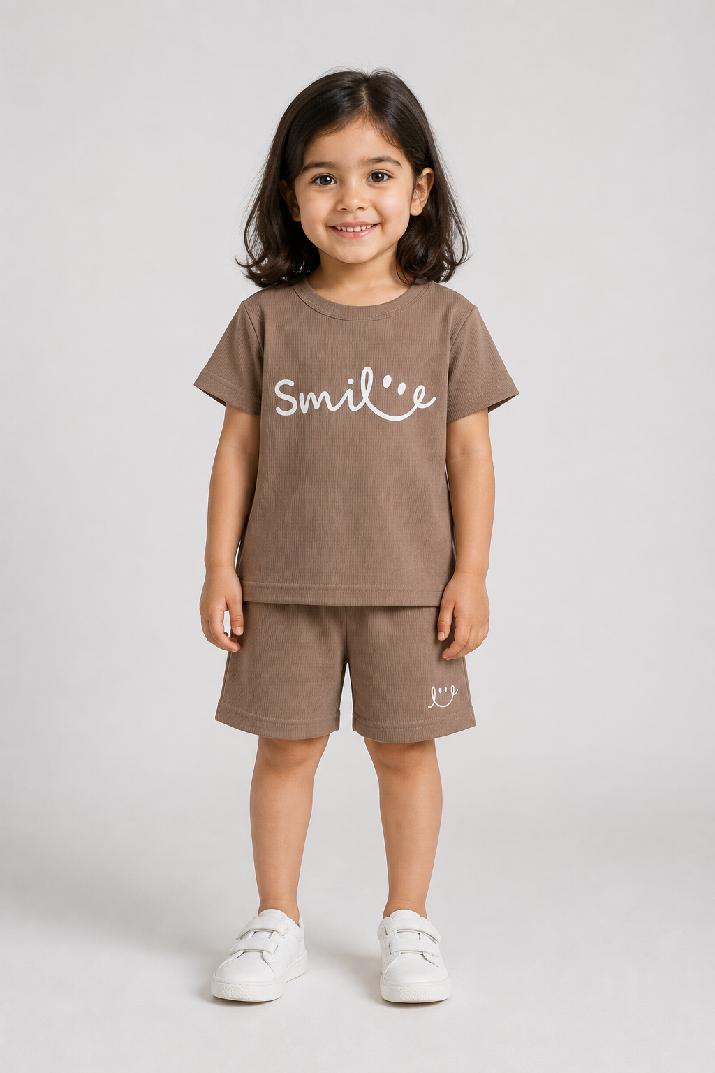 Brown Smile Print Ribbed Linen Fabric Suit For Summers