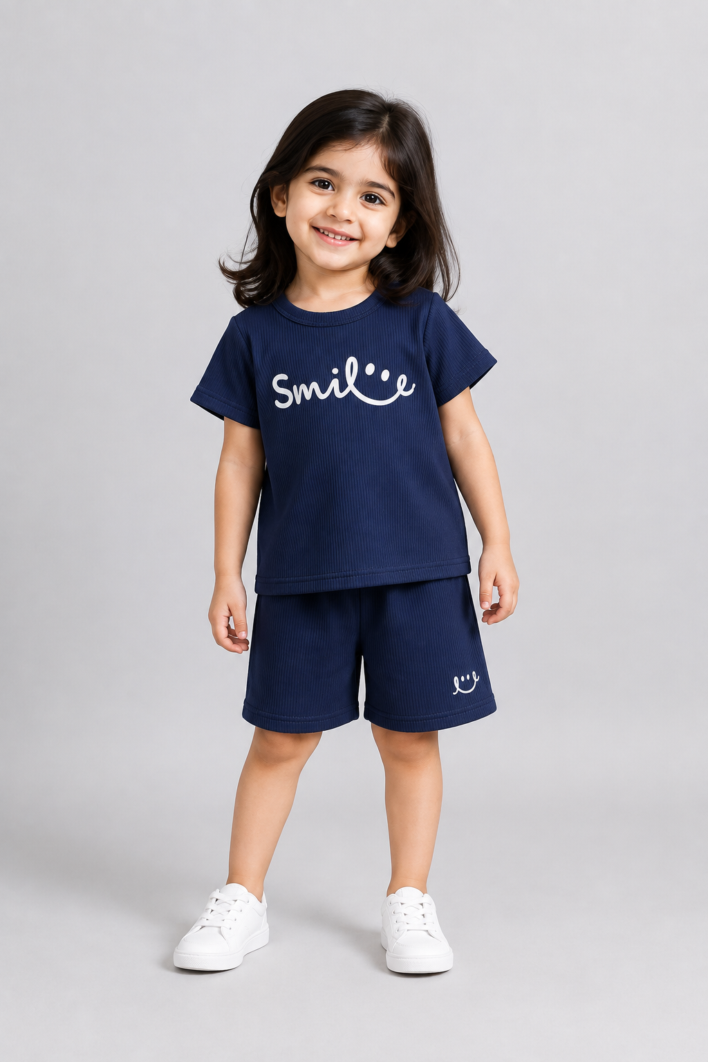 Navy Blue Smile Print Ribbed Linen Fabric Suit For Summers
