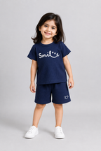 Navy Blue Smile Print Ribbed Linen Fabric Suit For Summers