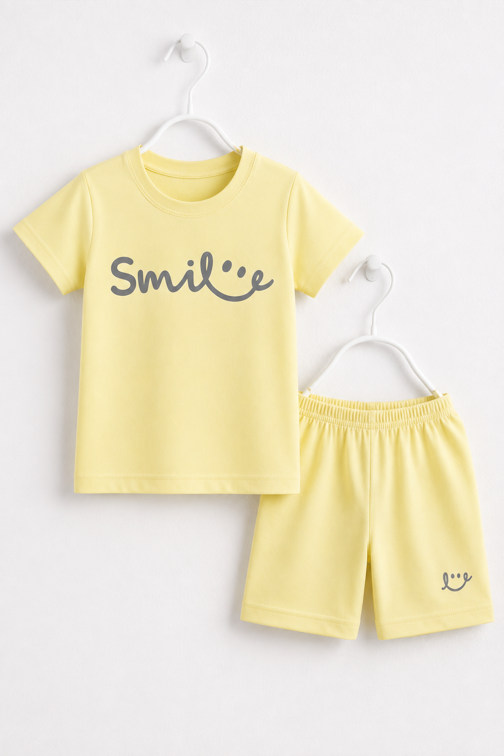 Yellow Smile Print Ribbed Linen Fabric Suit For Summers