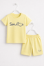 Yellow Smile Print Ribbed Linen Fabric Suit For Summers